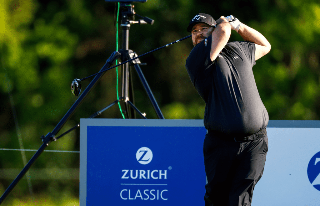 Apr 25, 2019; Avondale, LA, USA; Colt Knost tees off on the 18th hole during the first round of the Zurich Classic golf tournament at TPC Louisiana. Mandatory Credit: Stephen Lew-Imagn Images