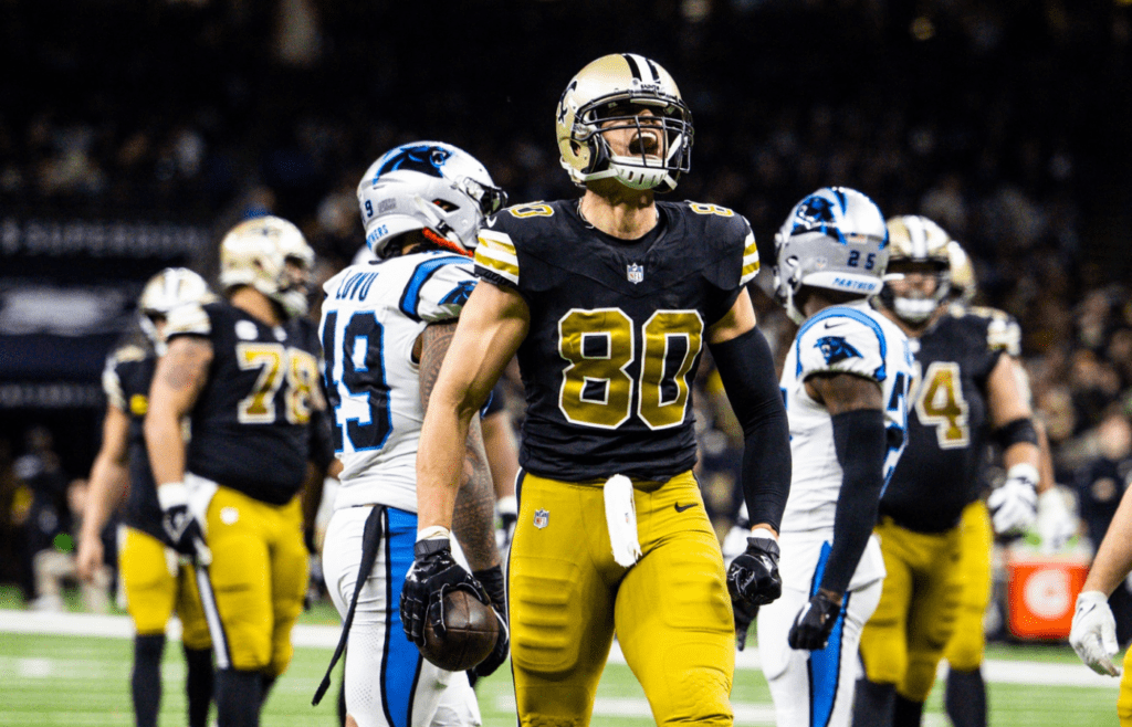 New Orleans Saints tight end Jimmy Graham (80) yells after catching a pass against the Carolina Panthers during the second half at the Caesars Superdome.