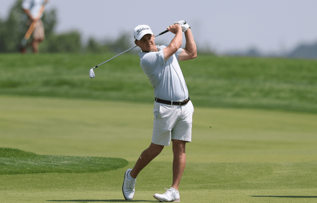 Jun 11, 2025; Oakmont, Pennsylvania, USA; Bud Cauley plays a shot on the 18th hole during a practice round for the U.S. Open golf tournament at Oakmont Country Club. Mandatory Credit: Bill Streicher-Imagn Images
