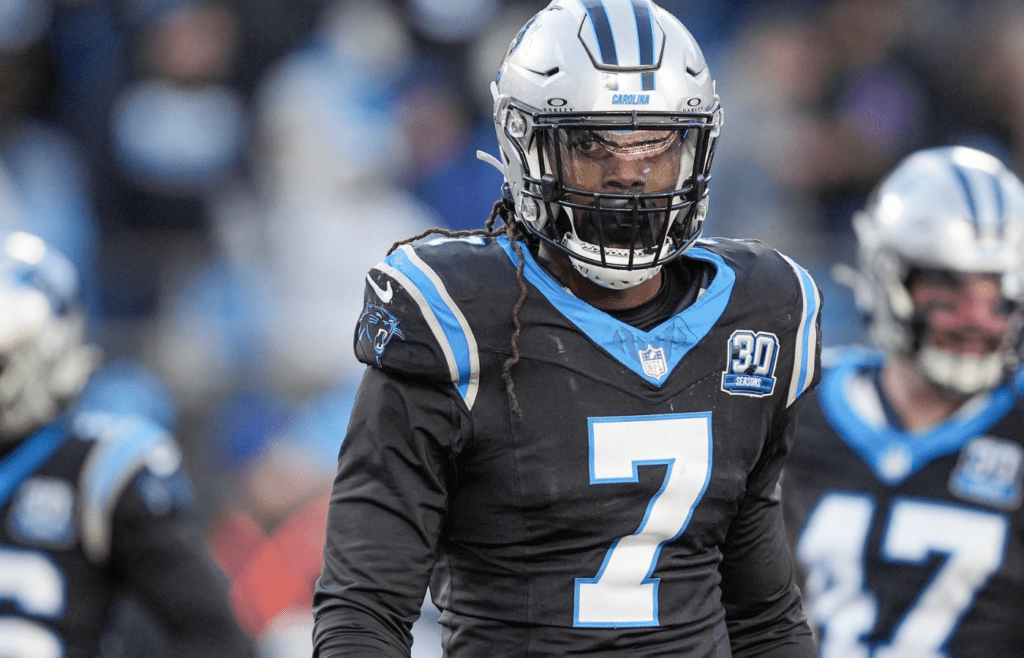 Dec 22, 2024; Charlotte, North Carolina, USA; Carolina Panthers linebacker Jadeveon Clowney (7) during the second half against the Arizona Cardinals at Bank of America Stadium. Mandatory Credit: Jim Dedmon-Imagn Images