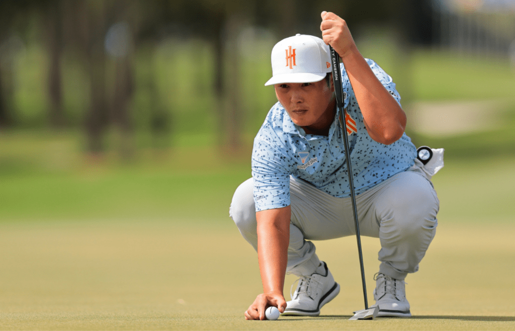 Apr 6, 2025; Miami, Florida, USA; Danny Lee lines up a putt on the 17th green during the final round of the LIV Golf Miami golf tournament at Trump National Doral. Mandatory Credit: Sam Navarro-Imagn Images