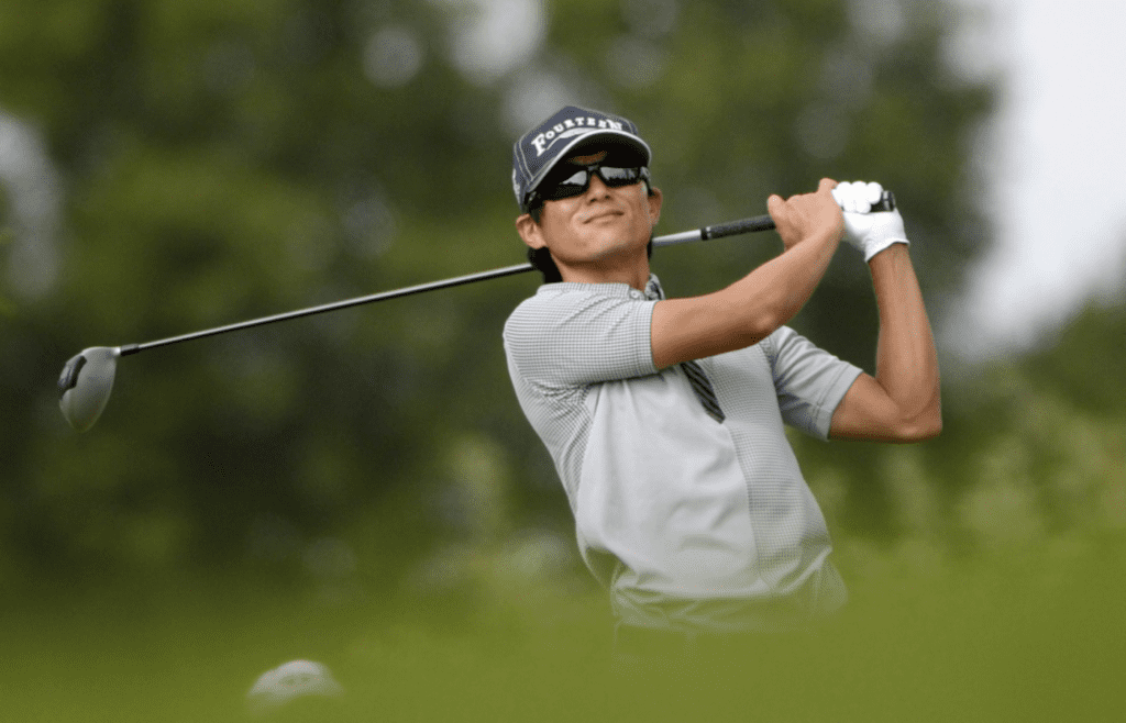 Jul 26, 2014; Ile Bizard, Quebec, CAN; Ryuji Imada tees off the 2nd hole during the third round of the RBC Canadian Open at Royal Montreal GC - Blue Course. Mandatory Credit: Eric Bolte-Imagn Images