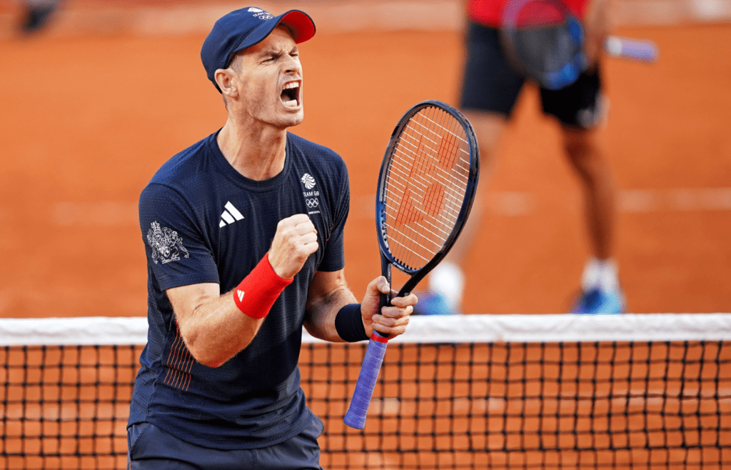Jul 28, 2024; Paris, France; Andy Murray (GBR) celebrates while playing against Taro Daniel (JPN) and Kei Nishikori (JPN) in the men’s tennis doubles first round during the Paris 2024 Olympic Summer Games at Stade Roland Garros. Mandatory Credit: Amber Searls-Imagn Images