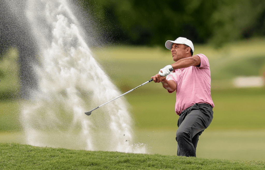 Apr 23, 2021; Avondale, Louisiana, USA; Arjun Atwal hits from the bunker on the 7th hole during the second round of the Zurich Classic of New Orleans golf tournament. Mandatory Credit: Stephen Lew-Imagn Images