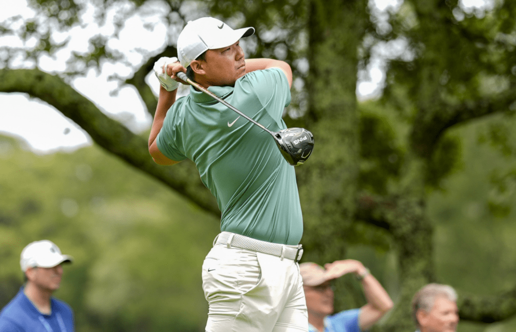 May 11, 2025; Myrtle Beach, South Carolina, USA; Norman Xiong hits his tee shot on eight during the final round of the Myrtle Beach Classic golf tournament. Mandatory Credit: Jim Dedmon-Imagn Images
