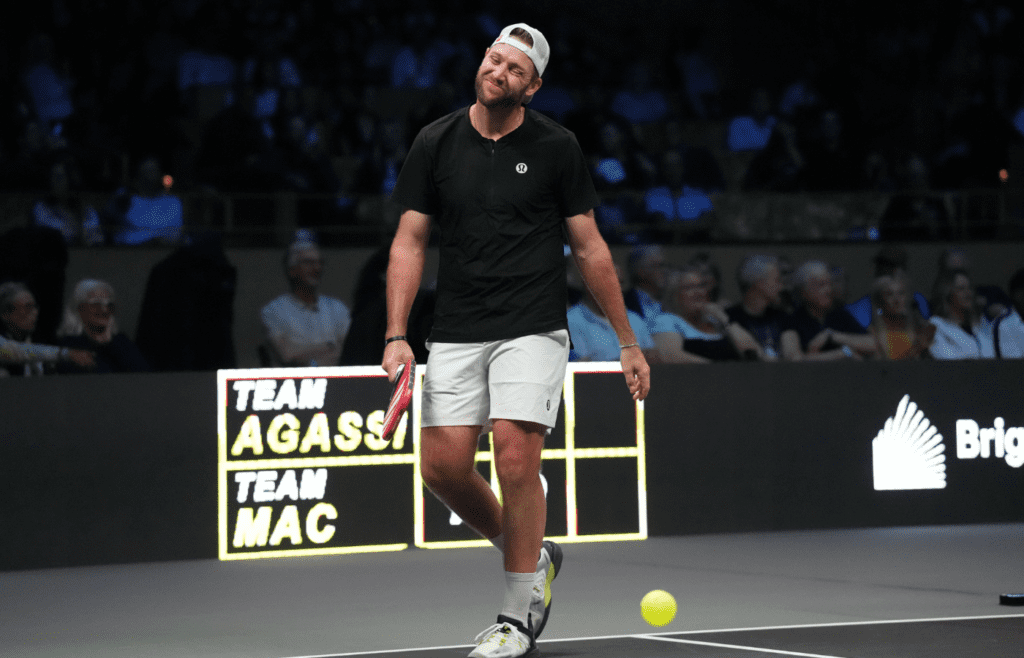 Feb 4, 2024; Hollywood, FL 33314, FL, USA; Jack Sock grimaces after a point during Pickleball Slam 2 at Hard Rock Live at Seminole Hard Rock Hotel & Casino. Mandatory Credit: Jim Rassol-Imagn Images