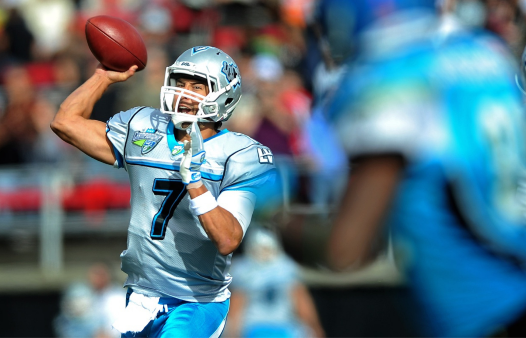 Nov. 27, 2009; Las Vegas, NV, USA; Las Vegas Locomotives quarterback J.P. Losman throws a pass against the Florida Tuskers during the UFL championship game at Sam Boyd Stadium. The Locomotives defeated the Tuskers 20-17 in overtime. Mandatory Credit: Mark J. Rebilas-Imagn Images