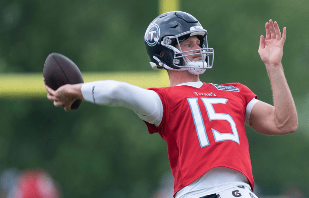 Tennessee Titans quarterback Tim Boyle (15) passes during OTAs at Ascension Saint Thomas Sports Park in Nashville, Tenn., Tuesday, June 3, 2025.
