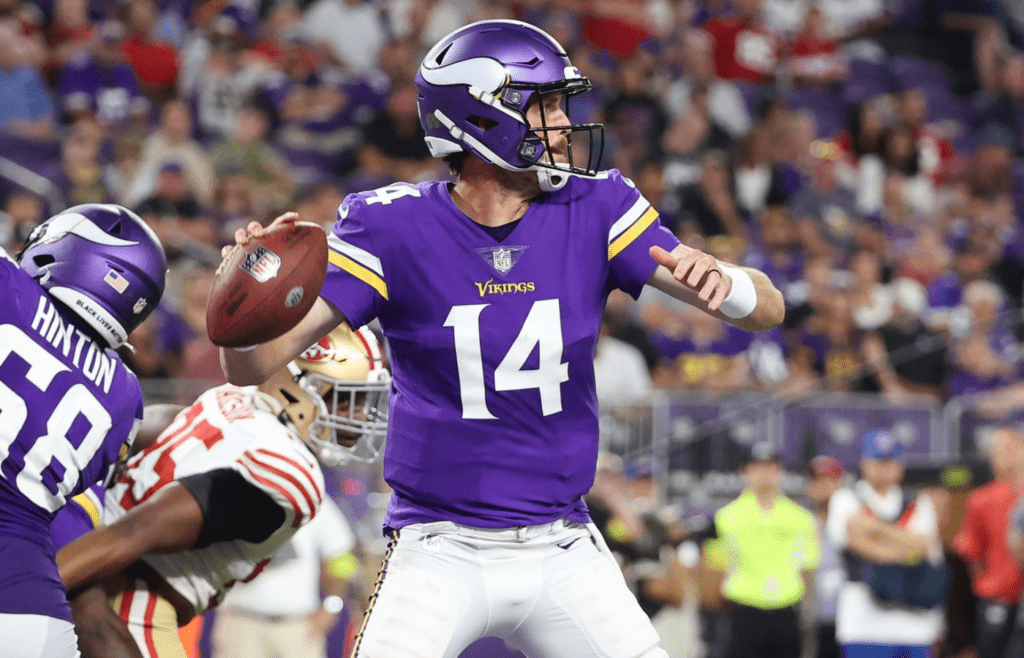 Aug 20, 2022; Minneapolis, Minnesota, USA; Minnesota Vikings quarterback Sean Mannion (14) throws during the fourth quarter against the San Francisco 49ers at U.S. Bank Stadium. Mandatory Credit: Matt Krohn-Imagn Images