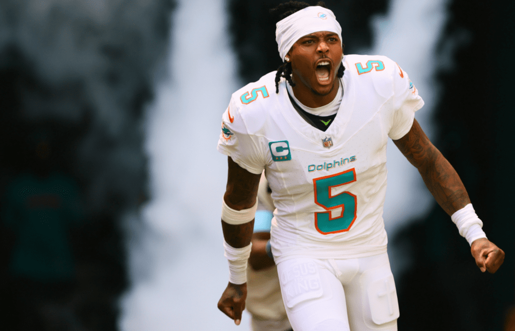 Sep 8, 2024; Miami Gardens, Florida, USA; Miami Dolphins cornerback Jalen Ramsey (5) runs onto the field before the game against the Jacksonville Jaguars at Hard Rock Stadium. Mandatory Credit: Sam Navarro-Imagn Images