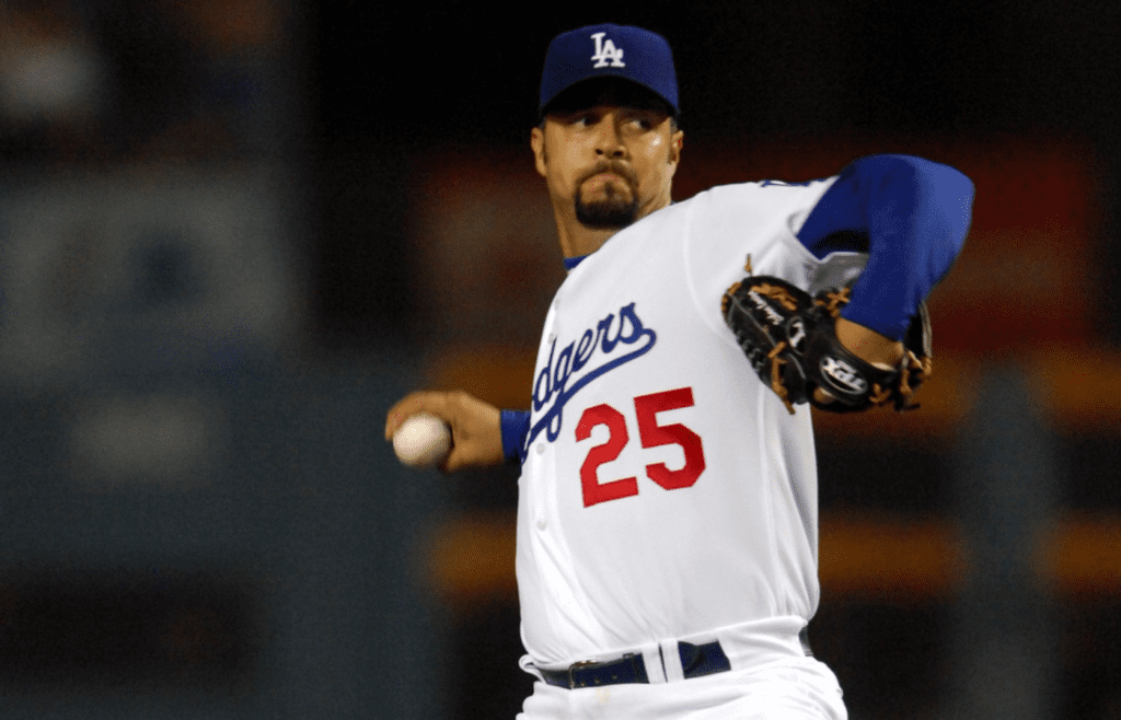 Sep 27, 2007; Los Angeles, CA, USA; Los Angeles Dodgers starter Esteban Loaiza (25) pitches against Colorado Rockies at Dodger Stadium. Mandatory Credit: Kirby Lee-Imagn Images Images