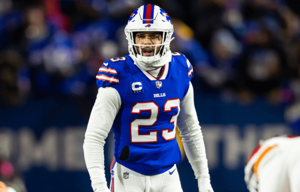 Jan 21, 2024; Orchard Park, New York, USA; Buffalo Bills safety Micah Hyde (23) against the Kansas City Chiefs in the 2024 AFC divisional round game at Highmark Stadium. Mandatory Credit: Mark J. Rebilas-Imagn Images