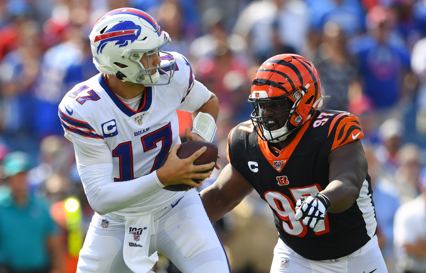 Sep 22, 2019; Orchard Park, NY, USA; Cincinnati Bengals defensive tackle Geno Atkins (97) pressures Buffalo Bills quarterback Josh Allen (17) during the first quarter at New Era Field. Mandatory Credit: Rich Barnes-Imagn Images