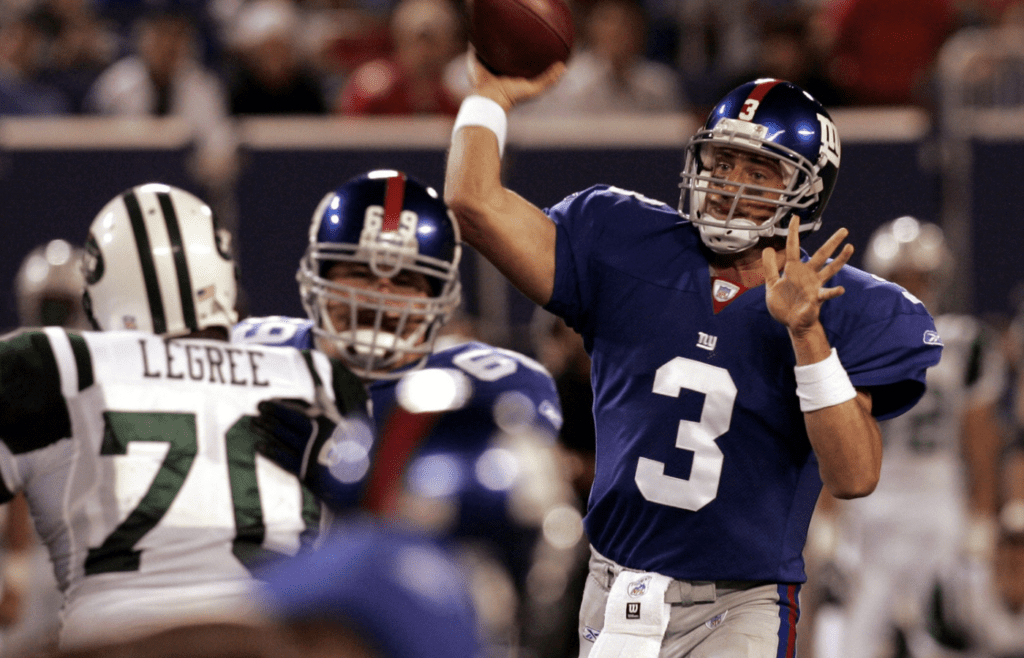 Giants Jesse Palmer passes in the 3rd quarter against the Jets at the Meadowlands Aug. 26, 2005. The Giants won the game 15-14.