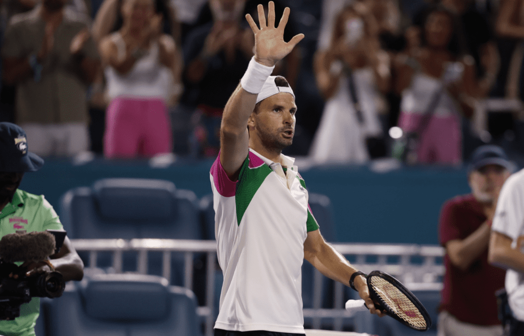 Mar 26, 2025; Miami, FL, USA; Grigor Dimitrov (BUL) waves to the crowd after his match against Francisco Cerundolo (ARG)(not pictured) on day nine of the Miami Open at Hard Rock Stadium. Mandatory Credit: Geoff Burke-Imagn Images