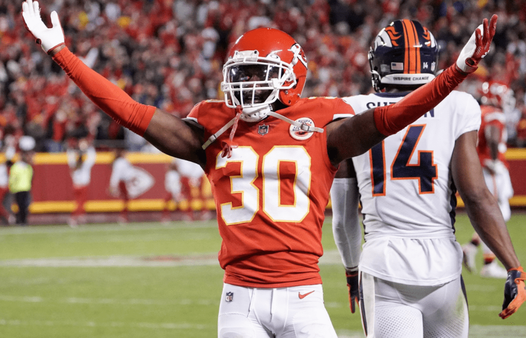 Dec 5, 2021; Kansas City, Missouri, USA; Kansas City Chiefs cornerback Deandre Baker (30) celebrates after a play against the Denver Broncos during the second half at GEHA Field at Arrowhead Stadium. Mandatory Credit: Denny Medley-Imagn Images