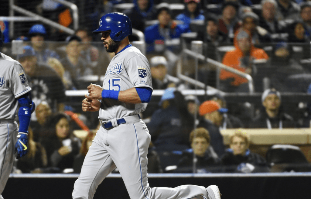Oct 30, 2015; New York City, NY, USA; Kansas City Royals right fielder Alex Rios (15) scores a run against the New York Mets in the second inning in game three of the World Series at Citi Field. Mandatory Credit: Robert Deutsch-Imagn Images