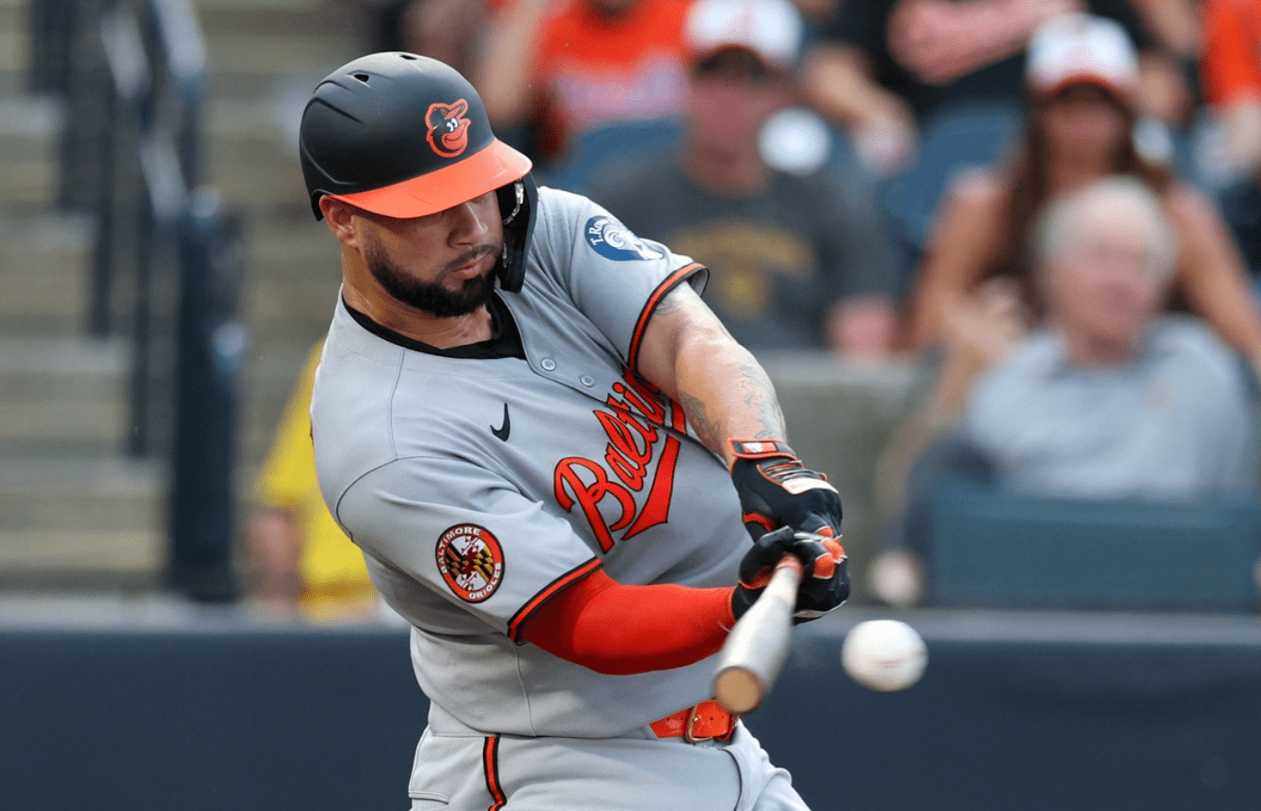 Jun 18, 2025; Tampa, Florida, USA; Baltimore Orioles catcher Gary Sanchez (99) singes against the Tampa Bay Rays in the second inning at George M. Steinbrenner Field. Mandatory Credit: Nathan Ray Seebeck-Imagn Images