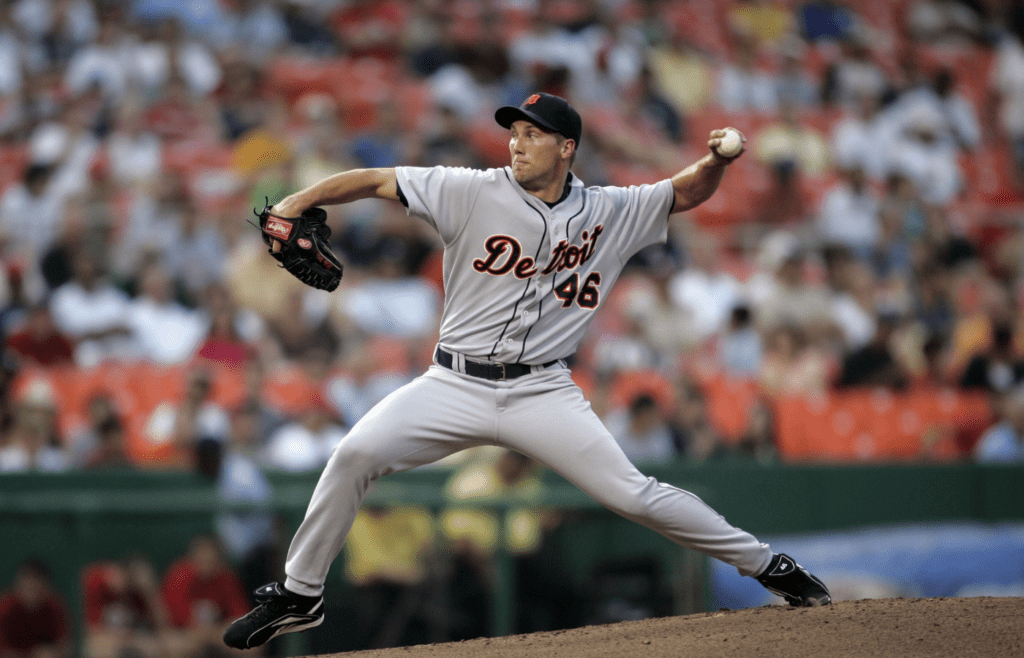 June 18, 2007; Washington, DC, USA; Detroit Tigers pitcher Mike Maroth (46) pitches against the Washington Nationals in the second inning at RFK stadium in Washington, DC. Mandatory Credit: James Lang-Imagn Images Copyright © James Lang