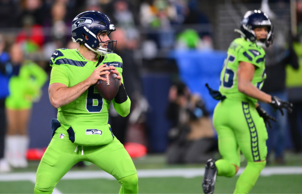 Dec 15, 2024; Seattle, Washington, USA; Seattle Seahawks quarterback Sam Howell (6) looks to pass the ball against the Green Bay Packers during the second half at Lumen Field. Mandatory Credit: Steven Bisig-Imagn Images