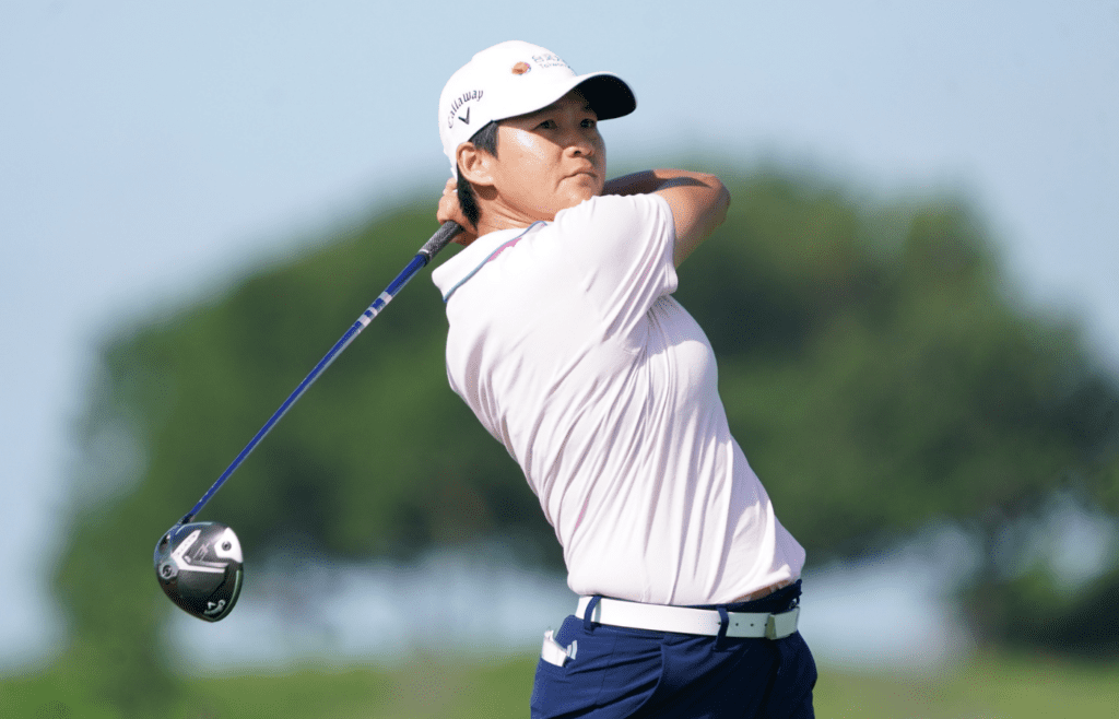 Jun 20, 2025; Frisco, Texas, USA; Yani Tseng plays her shot from the sixth tee during the second round of the KPMG Women's PGA Championship. Mandatory Credit: Raymond Carlin III-Imagn Images