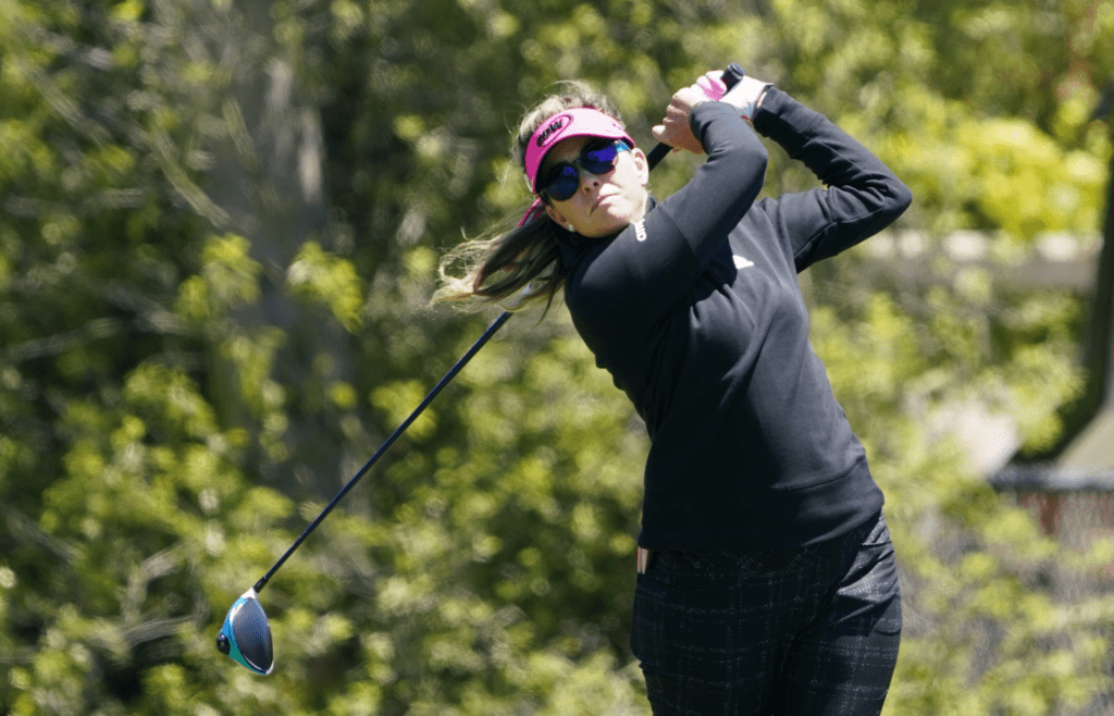 June 10, 2021; Daly City, California, USA; Paula Creamer hits a tee shot on the second hole during the first round of the LPGA MEDIHEAL Championship golf tournament at Lake Merced Golf Club. Mandatory Credit: Kyle Terada-Imagn Images