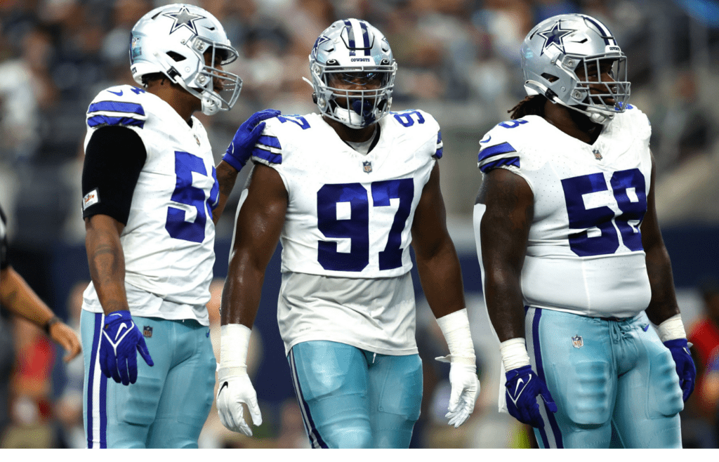Aug 12, 2023; Arlington, Texas, USA;Dallas Cowboys defensive tackle Osa Odighizuwa (97) and defensive tackle Mazi Smith (58) on the field in the game against the Jacksonville Jaguars at AT&T Stadium. Mandatory Credit: Tim Heitman-Imagn Images
