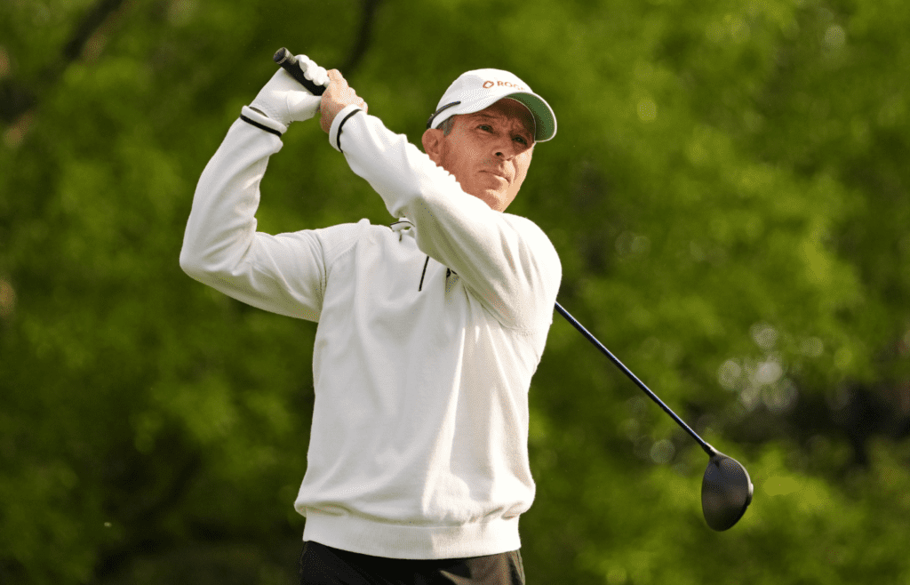 Apr 10, 2025; Augusta, Georgia, USA; Mike Weir plays his shot from the fifth tee during the first round of the Masters Tournament. Mandatory Credit: Kyle Terada-Imagn Images