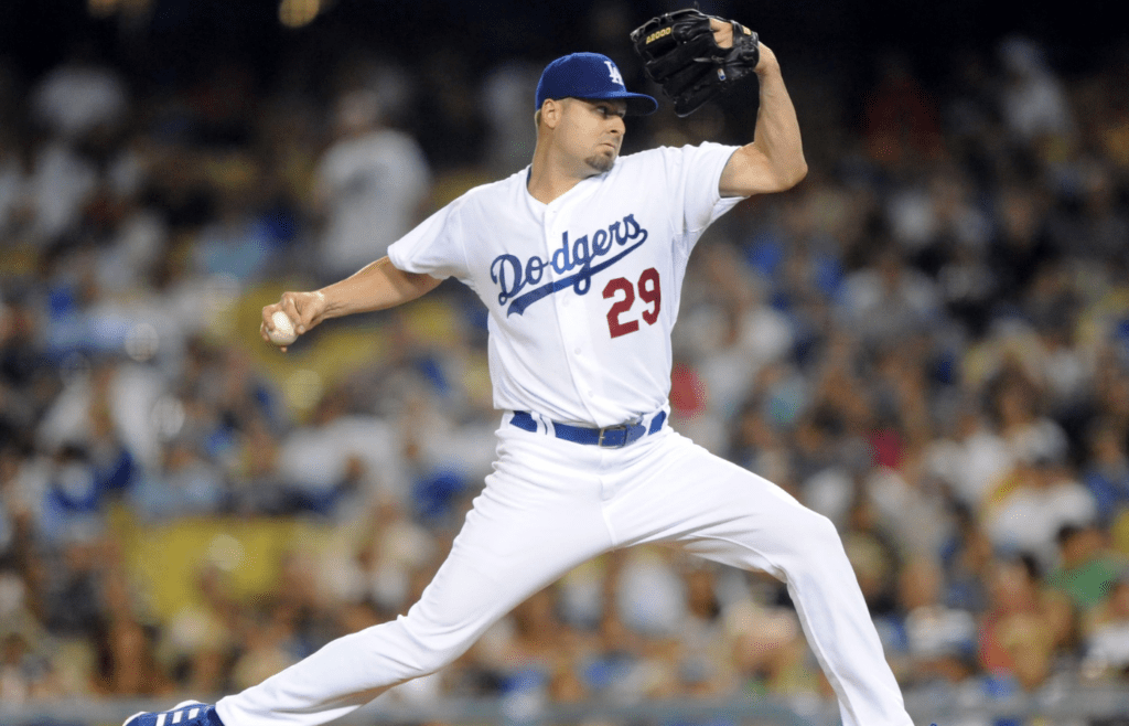 Aug 5, 2009; Los Angeles, CA, USA; Los Angeles Dodgers starter Jason Schmidt (29) pitches during the game against the Milwaukee Brewers at Dodger Stadium. The Brewers defeated the Dodgers 4-1. Mandatory Credit: Kirby Lee/Image of Sport-Imagn Images