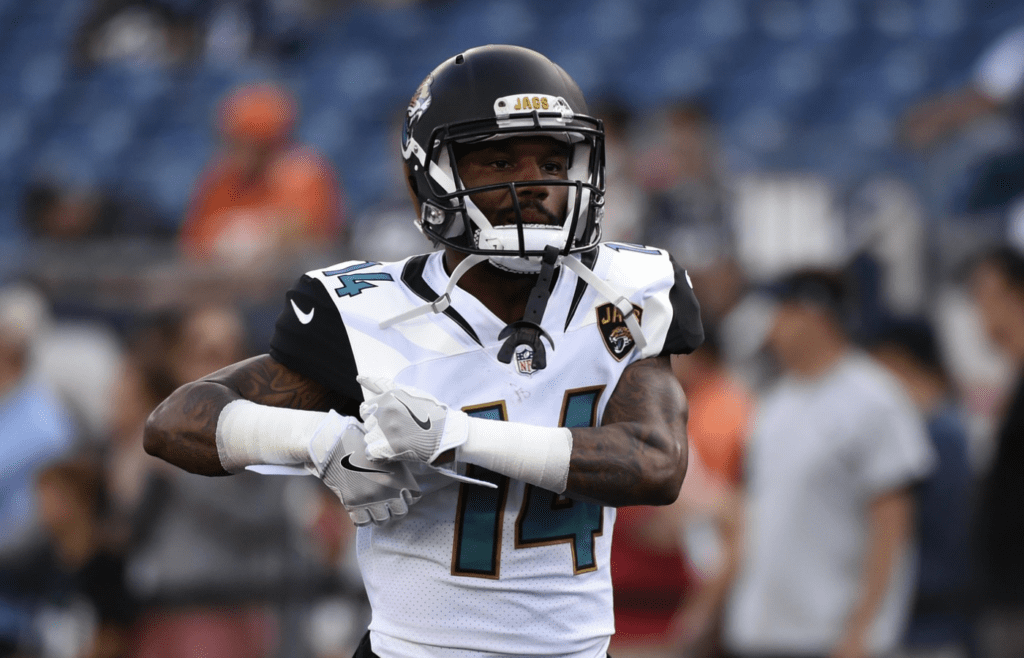 Aug 10, 2017; Foxborough, MA, USA; Jacksonville Jaguars wide receiver Justin Blackmon (14) during warmups prior to a game against the New England Patriots at Gillette Stadium. Mandatory Credit: Bob DeChiara-Imagn Images