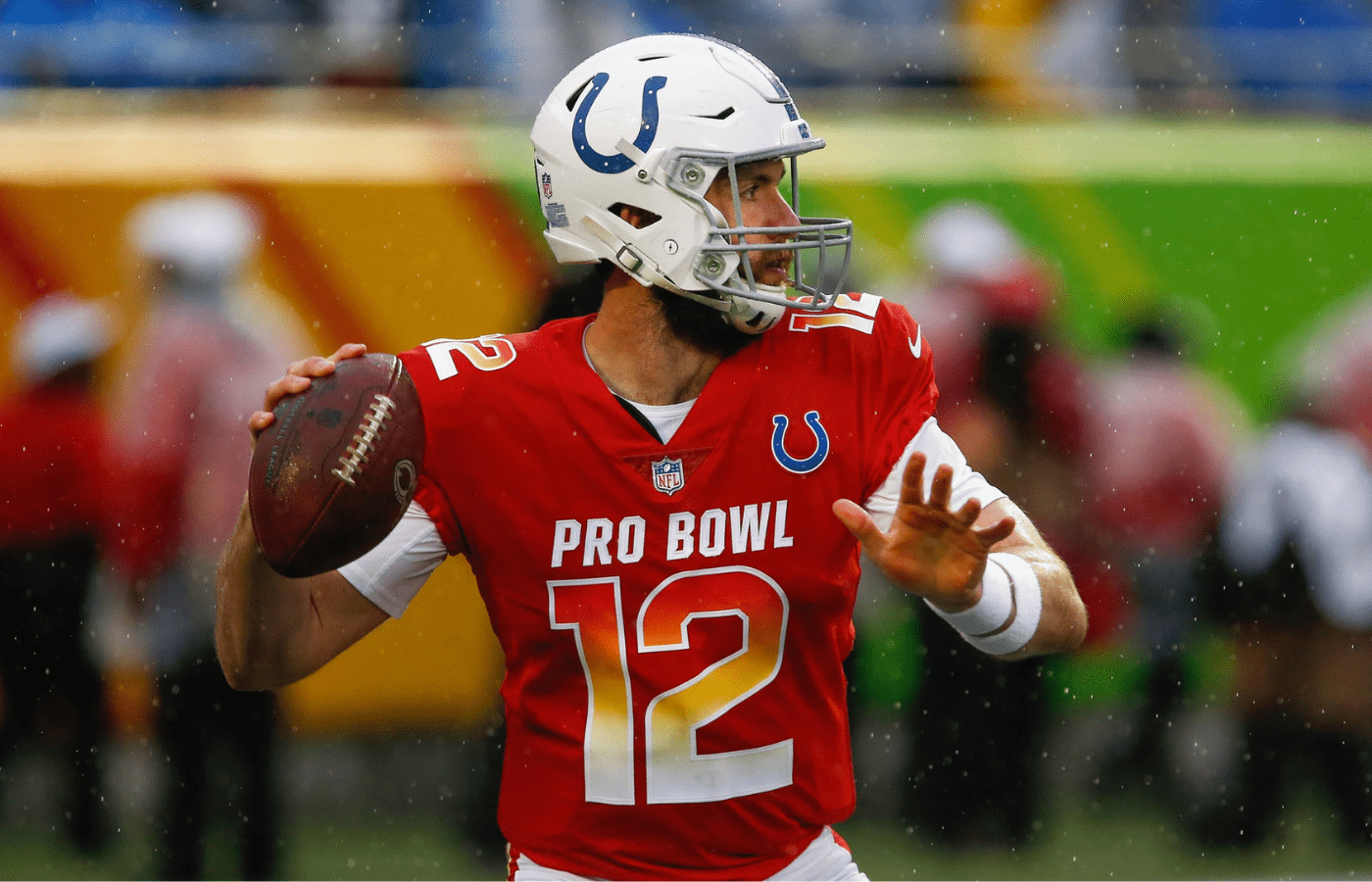 Jan 27, 2019; Orlando, FL, USA;Indianapolis Colts quarterback Andrew Luck (12) throws a pass during the second quarter of the NFL Pro Bowl football game at Camping World Stadium. Mandatory Credit: Reinhold Matay-Imagn Images