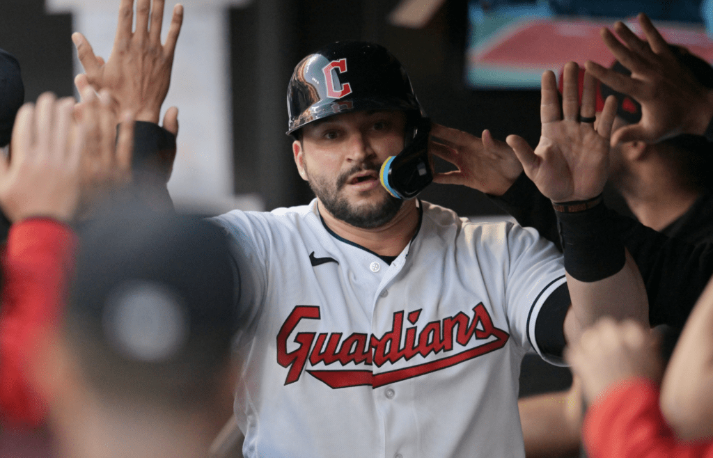 May 26, 2023; Cleveland, Ohio, USA; Cleveland Guardians catcher Mike Zunino (10) celebrates after scoring during the fifth inning against the St. Louis Cardinals at Progressive Field. Mandatory Credit: Ken Blaze-Imagn Images