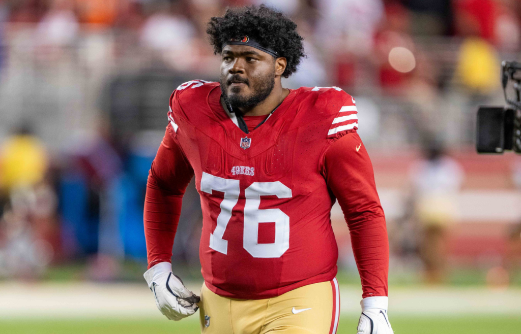 August 19, 2023; Santa Clara, California, USA; San Francisco 49ers guard Jaylon Moore (76) after the game against the Denver Broncos at Levi's Stadium. Mandatory Credit: Kyle Terada-Imagn Images