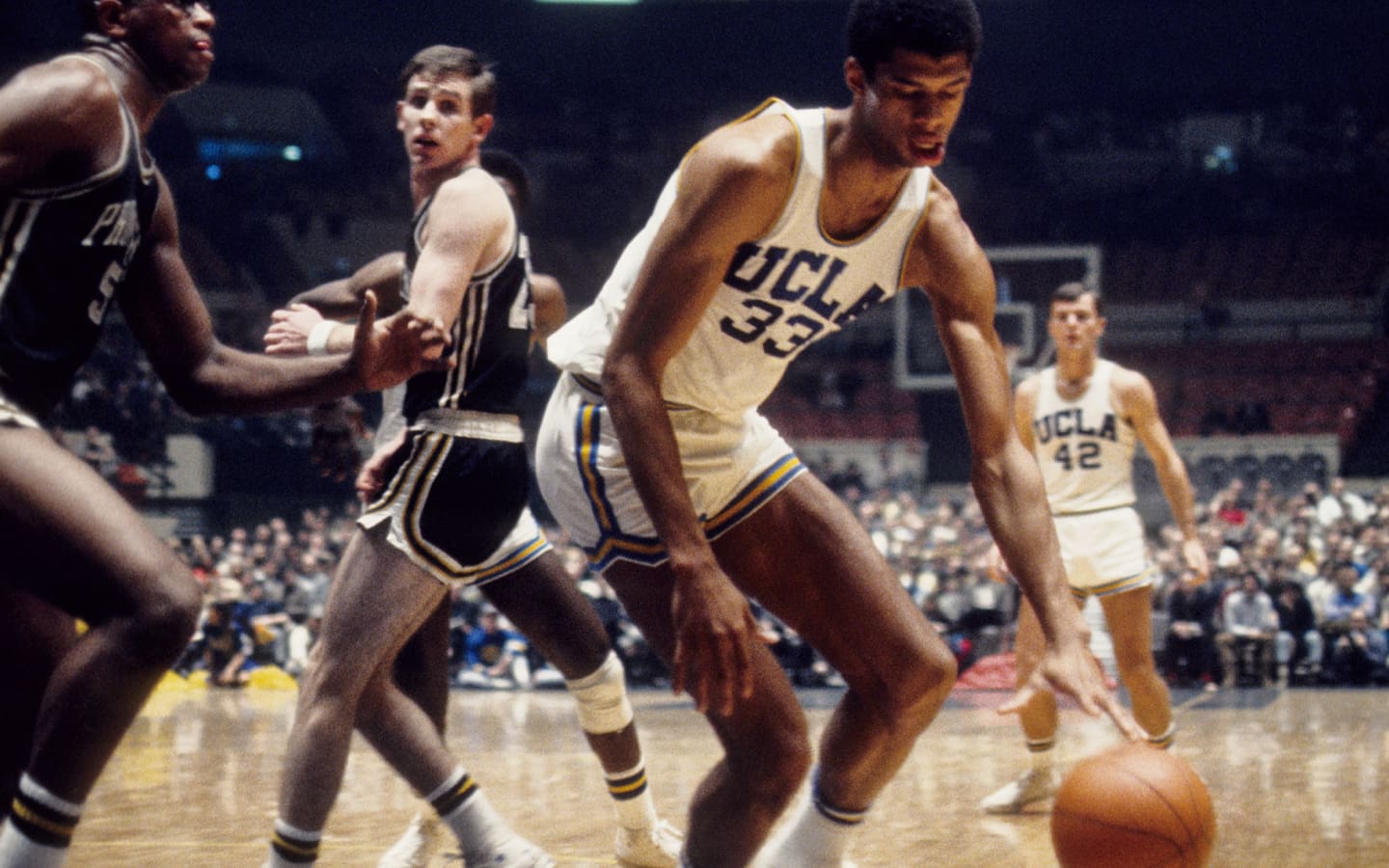 Dec 17, 1968; New York, NY, USA; FILE PHOTO; UCLA Bruins center Lew Alcindor (33) in action against the Providence Friars at Madison Square Garden during the 1968 Holiday Festival basketball tournament. Mandatory Credit: Malcolm Emmons-Imagn Images