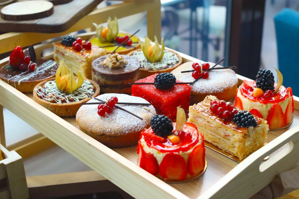 Colorful cakes in the grocery bakery section