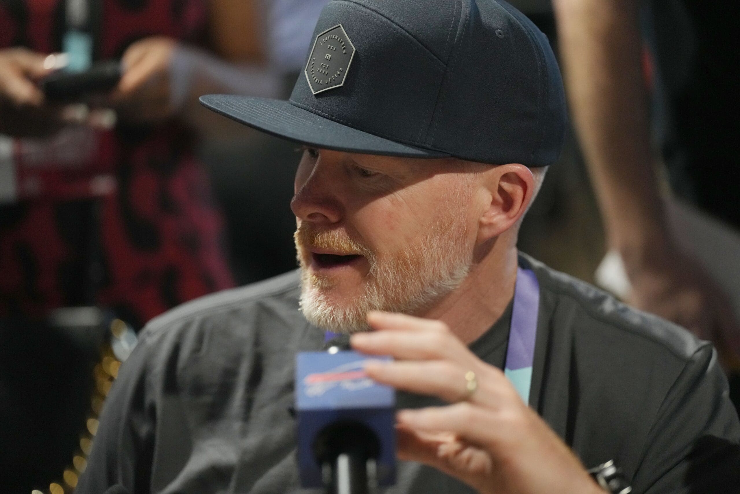 Mar 31, 2025; Palm Beach, FL, USA; Buffalo Bills head coach Sean McDermott answers questions from the media during the NFL Annual League Meeting at The Breakers. Mandatory Credit: Jim Rassol-Imagn Images
