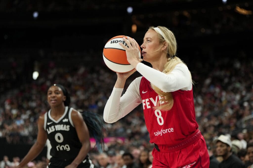 Jun 22, 2025; Las Vegas, Nevada, USA; Indiana Fever guard Sophie Cunningham (8) shoots the ball during the second half of a WNBA basketball game against the Las Vegas Aces at T-Mobile Arena. Mandatory Credit: Lucas Peltier-Imagn Images
