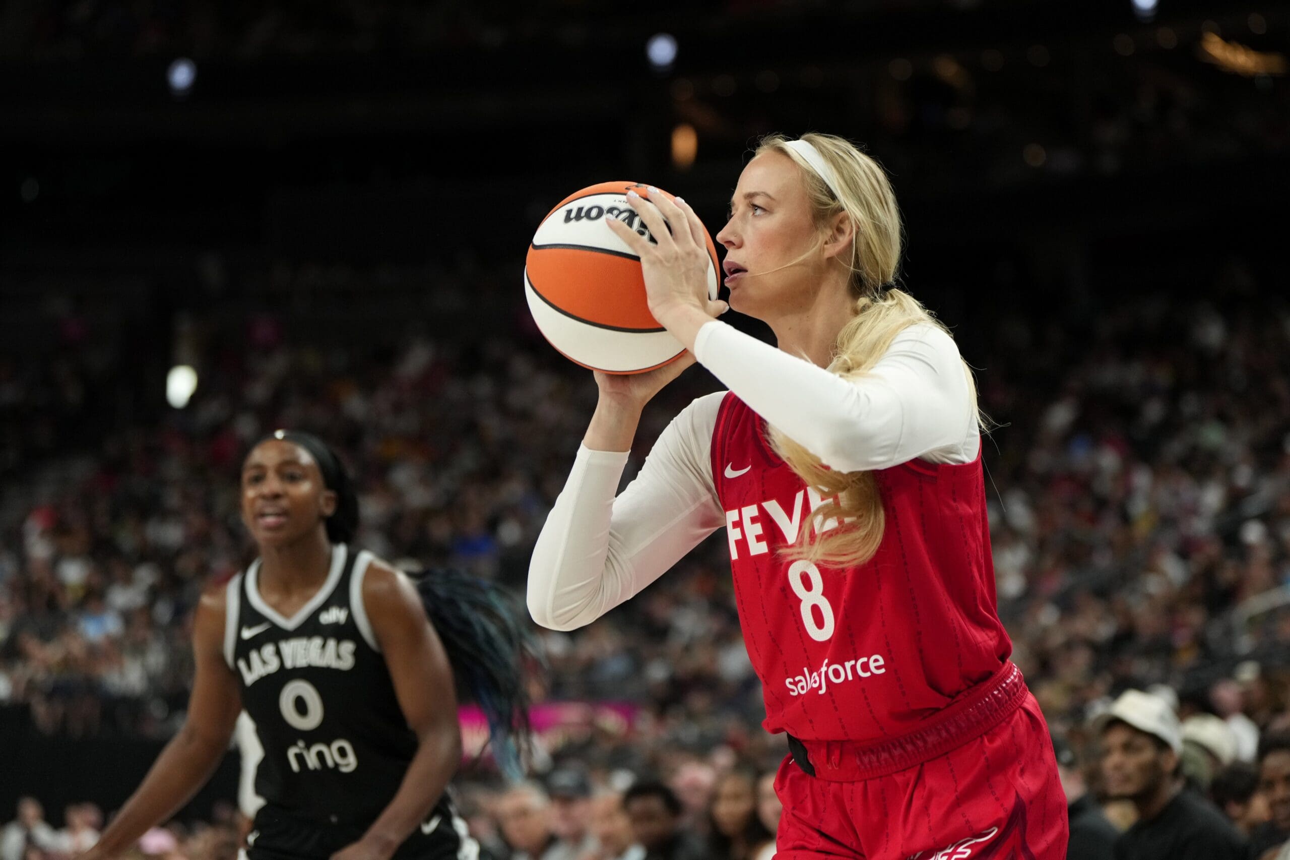 Jun 22, 2025; Las Vegas, Nevada, USA; Indiana Fever guard Sophie Cunningham (8) shoots the ball during the second half of a WNBA basketball game against the Las Vegas Aces at T-Mobile Arena. Mandatory Credit: Lucas Peltier-Imagn Images