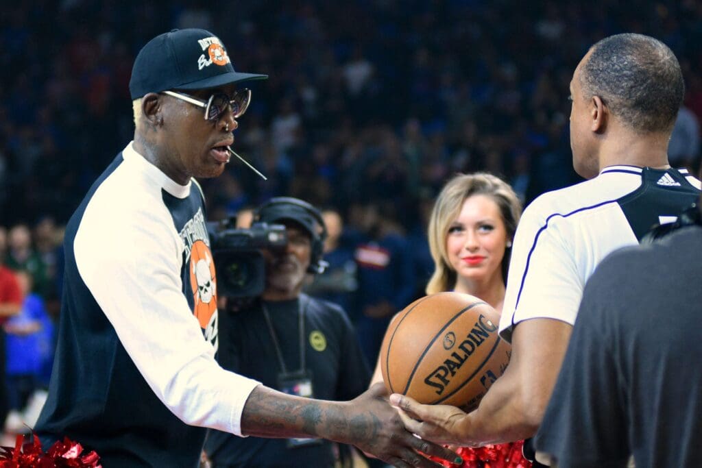 Apr 10, 2017; Auburn Hills, MI, USA; Detroit Pistons former player Dennis Rodman is recognized before a game against the Washington Wizards at The Palace of Auburn Hills. Mandatory Credit: Tim Fuller-USA TODAY Sports