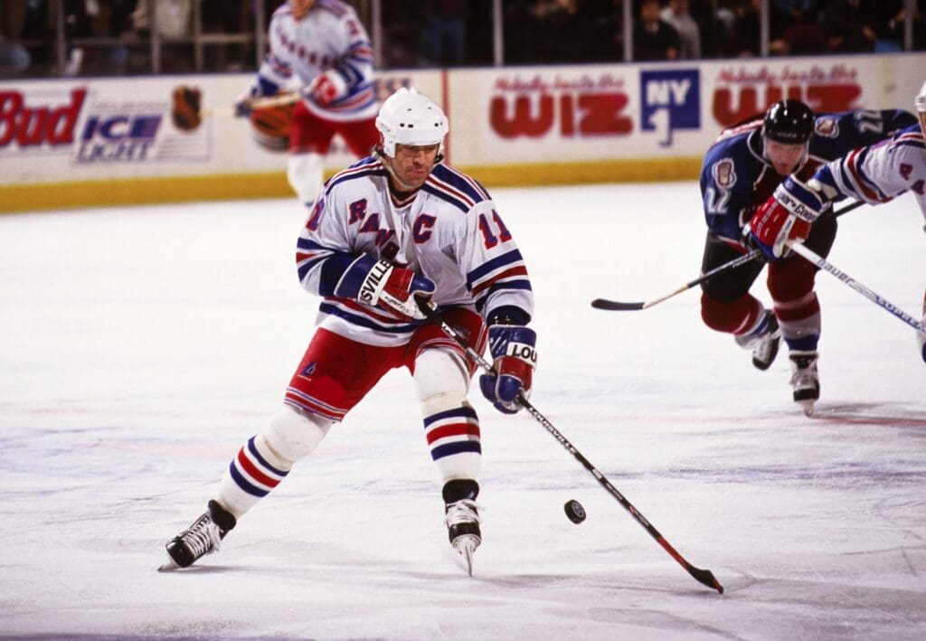Jan 6, 1997; New York, NY, USA; FILE PHOTO; New York Rangers center Mark Messier (11) in action against the Colorado Avalanche at Madison Square Garden. Mandatory Credit: Lou Capozzola-USA TODAY NETWORK