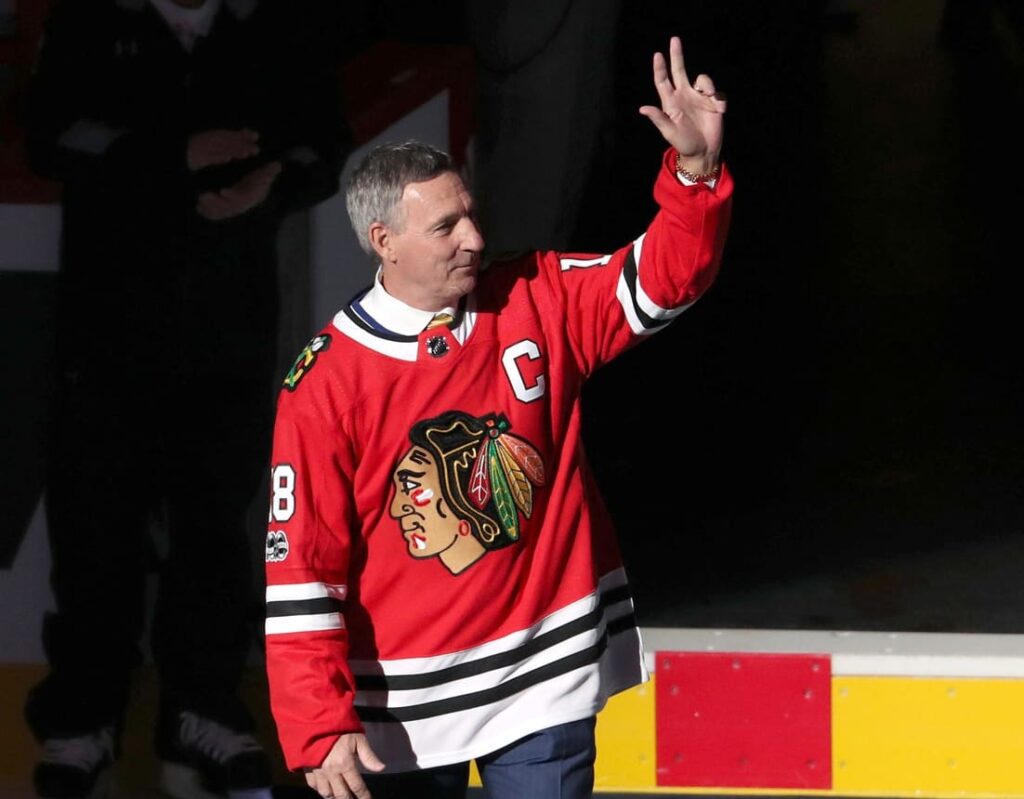Nov 18, 2017; Montreal, Quebec, CAN; Chicago Blackhawks former player Denis Savard waves to the crowd as the Montreal Canadiens honored the contribution of the six original teams to the National Hockey League during the centennial of the circuit before the game against Toronto Maple Leafs at Bell Centre. Mandatory Credit: Jean-Yves Ahern-USA TODAY Sports
