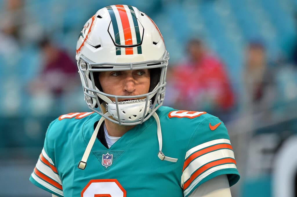 Dec 31, 2017; Miami Gardens, FL, USA; Miami Dolphins quarterback Jay Cutler (6) looks on prior to the game against the Buffalo Bills at Hard Rock Stadium. Mandatory Credit: Jasen Vinlove-USA TODAY Sports