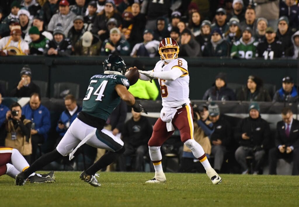Dec 3, 2018; Philadelphia, PA, USA; Washington Redskins quarterback Mark Sanchez (6) passes in the second quarter against the Philadelphia Eagles at Lincoln Financial Field. Mandatory Credit: James Lang-USA TODAY Sports