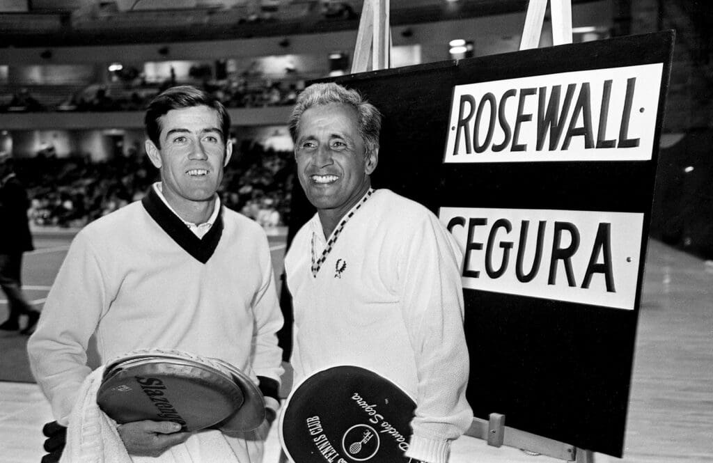 Pro players Ken Rosewall, left, and Pancho Segura pose for the camera before they kick off the Dixie Tennis Classic Dec. 7, 1968 with the first match at Vanderbilt's Memorial Gym.68then12 014