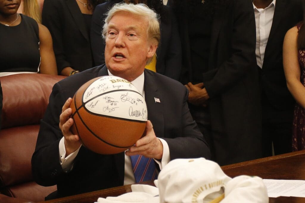 Apr 29, 2019; Washington, D.C., USA; President Donald Trump holds a gifted team autographed basketball at a ceremony honoring the 2019 womenÕs NCAA basketball champion Baylor Lady Bears in the Oval Office at the White House. Mandatory Credit: Geoff Burke-USA TODAY Sports
