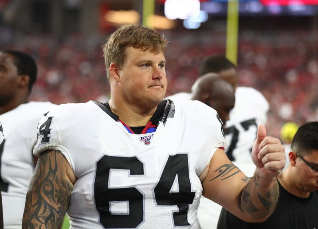 Aug 15, 2019; Glendale, AZ, USA; Oakland Raiders guard Richie Incognito (64) during a preseason game against the Arizona Cardinals at State Farm Stadium. Mandatory Credit: Mark J. Rebilas-USA TODAY Sports