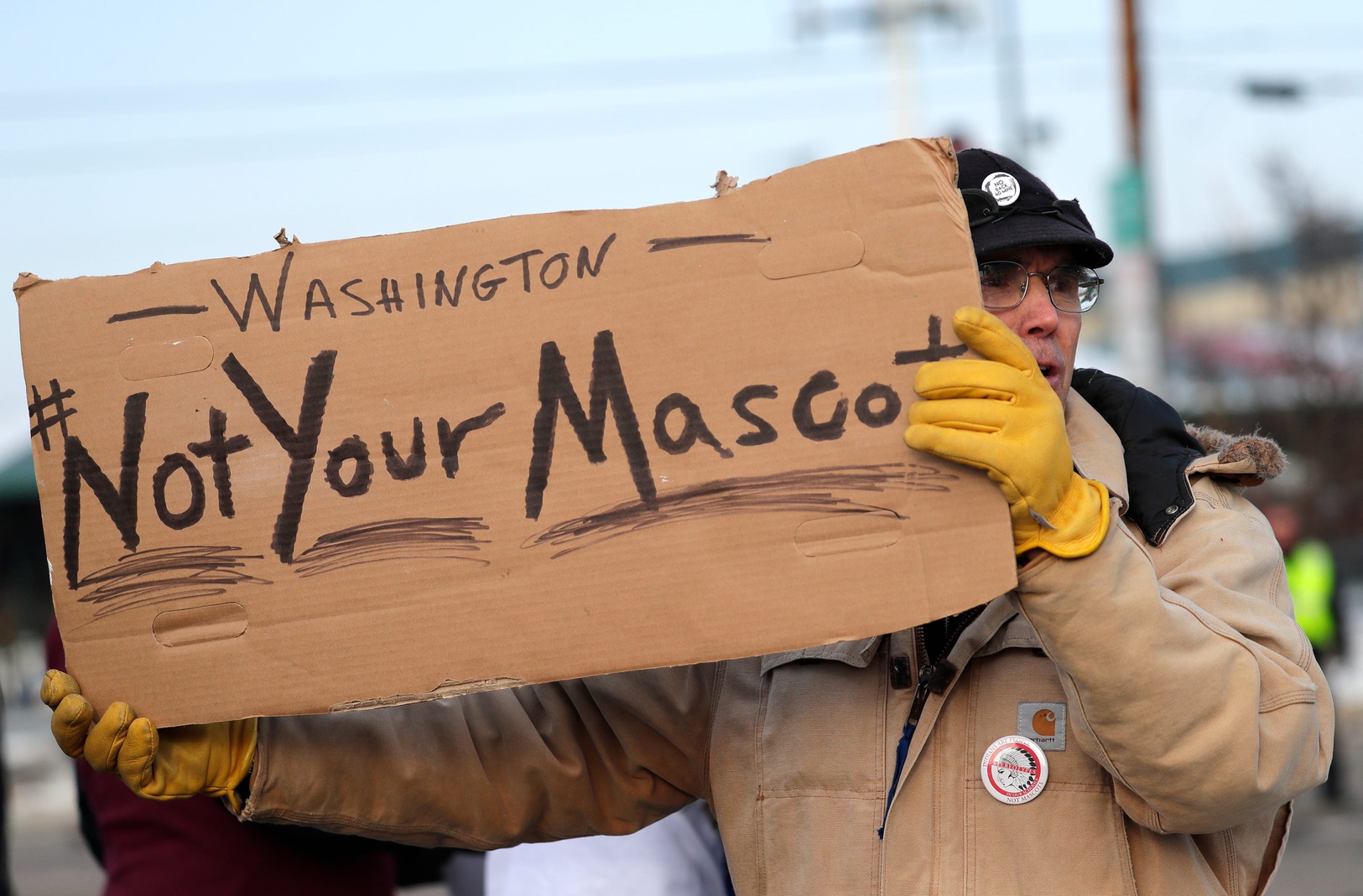 Rick Kitchen of Kimberly protests with the Indian Mascot and Logo Taskforce against the Washington Redskins team name prior to the start of the football game against the Green Bay Packers Sunday, Dec. 8, 2019, at Lambeau Field in Green Bay, Wis. Apc Packvsredskins 1208190186