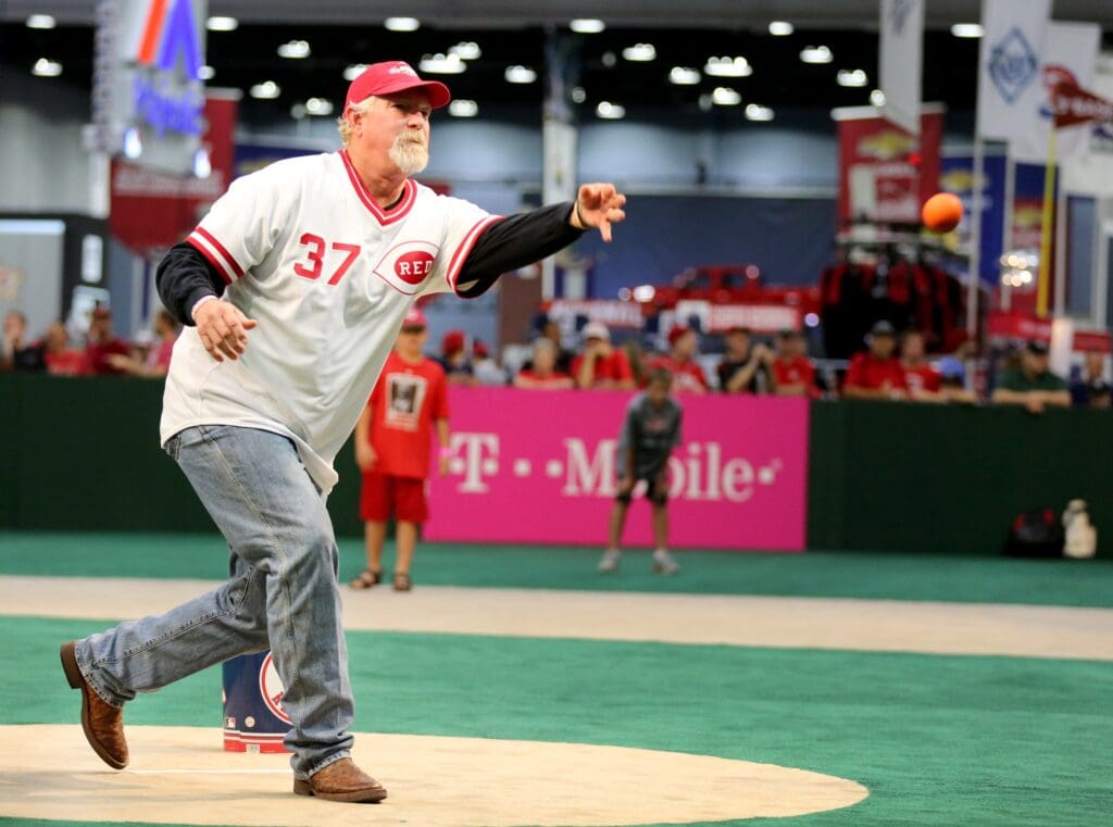 Former Reds pitcher Norm Charlton, pitches during a fun game during the T-Mobile All-Star FanFest at Duke Energy Convention Center. Charlton, along with Randy Myers and Rob Dibble made up the "Nasty Boys" during the Reds World Series win in 1990. FanFest continues through Tuesday and is part of the All-Star events Cincinnati is hosting.
July 11 2015 Fanfest All Star Reds T Mobile Norm Charlton Liz Dufour
