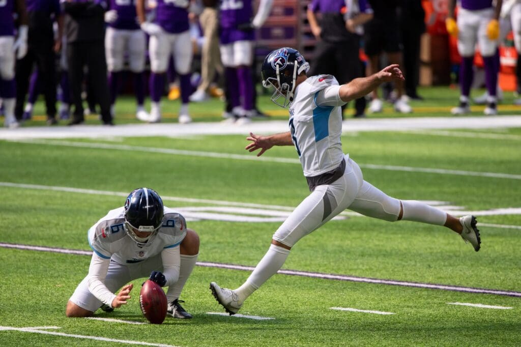 Sep 27, 2020; Minneapolis, Minnesota, USA; Tennessee Titans kicker Stephen Gostkowski (3) kicks a field goal in the first quarter against the Minnesota Vikings at U.S. Bank Stadium. Mandatory Credit: Brad Rempel-USA TODAY Sports
