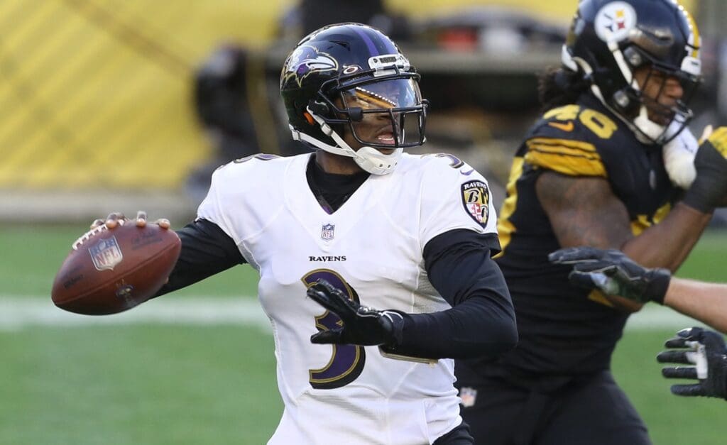 Dec 2, 2020; Pittsburgh, Pennsylvania, USA; Baltimore Ravens quarterback Robert Griffin III (3) passes against the Pittsburgh Steelers during the first quarter at Heinz Field. Mandatory Credit: Charles LeClaire-USA TODAY Sports
